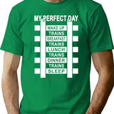 Funny Railroad Locomotive Train Lover Gift 'My Perfect Day' Trains T-Shirt for Men & Women, T-Shirts Graphic Tee - Green
