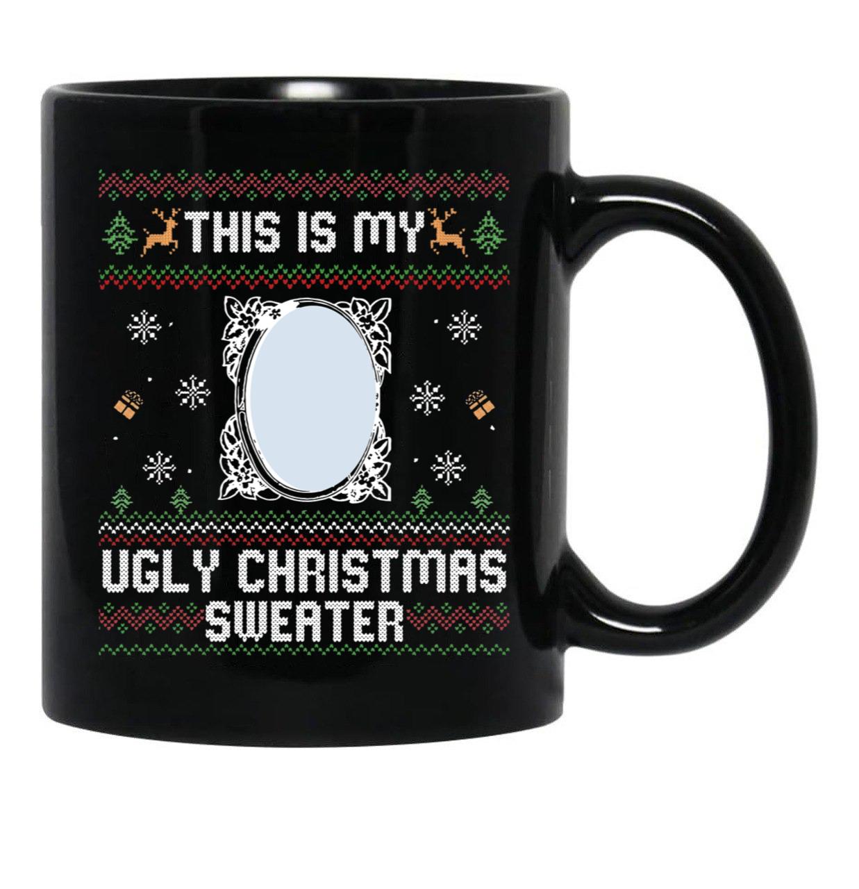 Funny Ugly Christmas Sweater with Mirror Black Coffee Mug, Gift Coffee Mug - Black