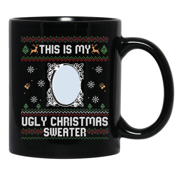 Funny Ugly Christmas Sweater with Mirror Black Coffee Mug, Gift Coffee Mug - Black