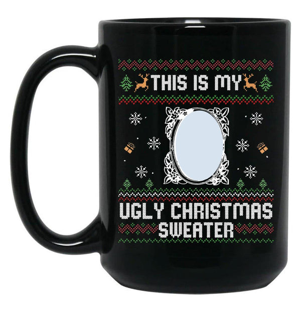 Funny Ugly Christmas Sweater with Mirror Black Coffee Mug, Gift Coffee Mug - Black