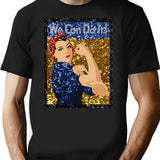 Glitter Print Rosie The Riveter T-Shirt for Men & Women, T-Shirts Graphic Tee - Black