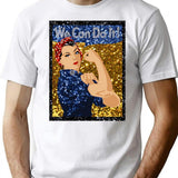 Glitter Print Rosie The Riveter T-Shirt for Men & Women, T-Shirts Graphic Tee - White