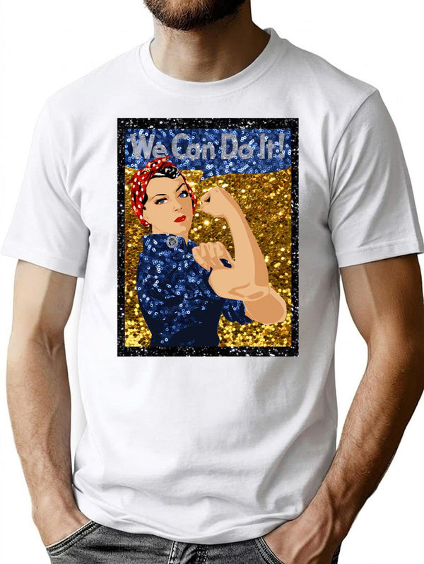 Glitter Print Rosie The Riveter T-Shirt for Men & Women, T-Shirts Graphic Tee - White