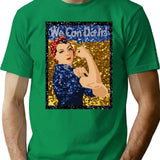 Glitter Print Rosie The Riveter T-Shirt for Men & Women, T-Shirts Graphic Tee - Green