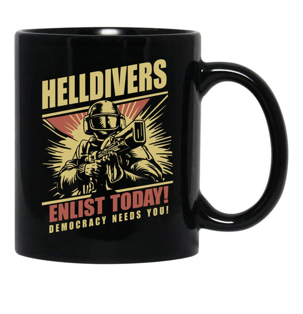 Helldivers 2 Enlistment Tee - Join The Fight for Democracy Black Coffee Mug, Gift Coffee Mug - Black