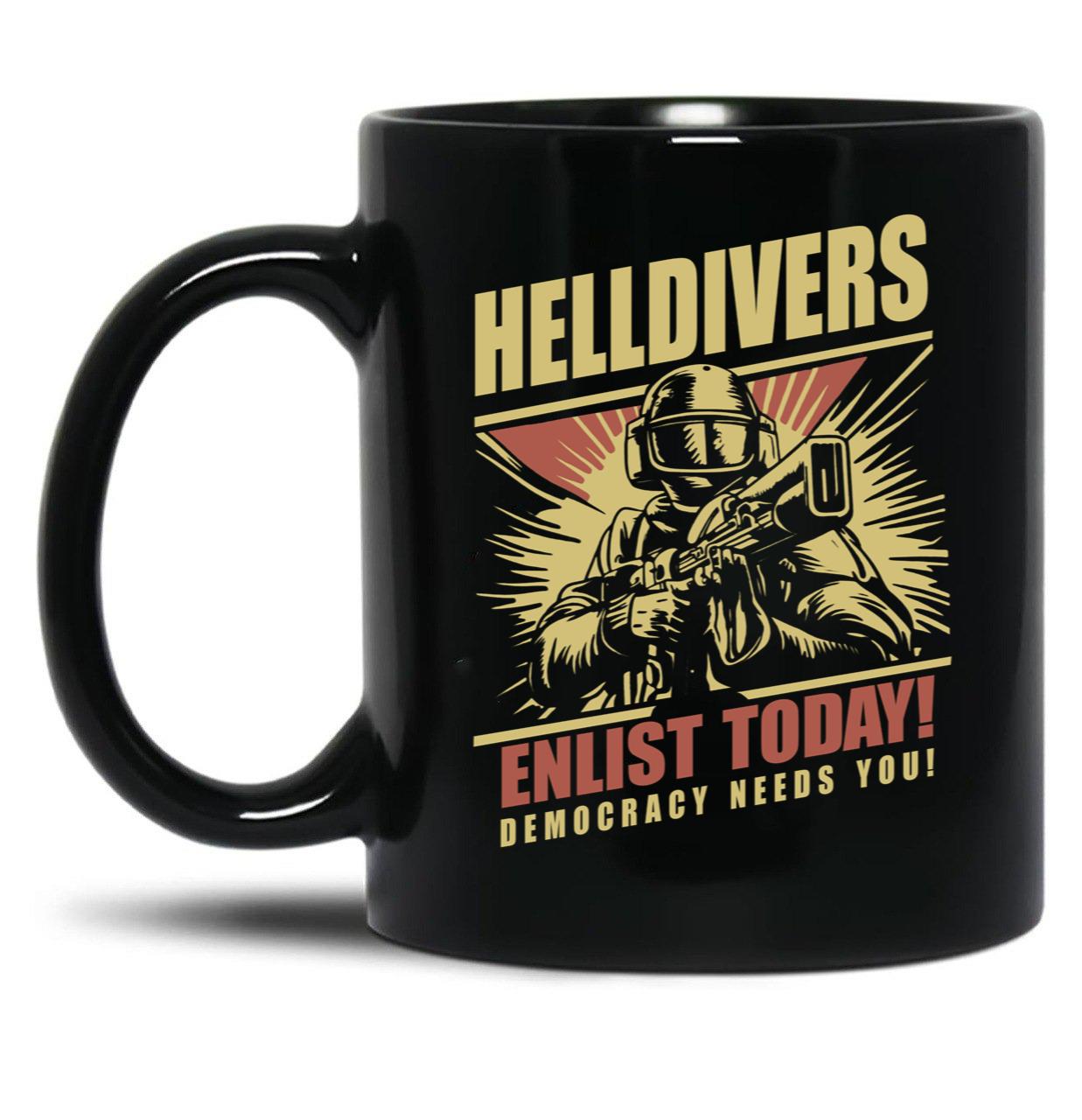 Helldivers 2 Enlistment Tee - Join The Fight for Democracy Black Coffee Mug, Gift Coffee Mug