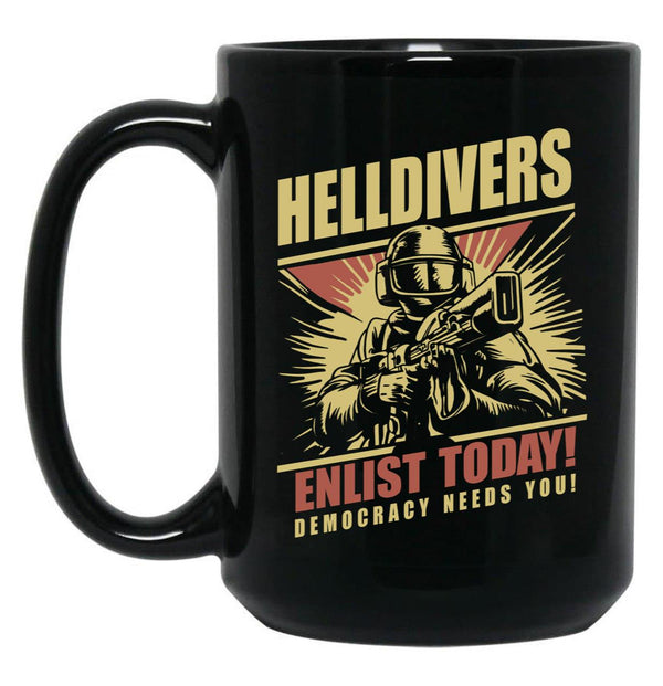 Helldivers 2 Enlistment Tee - Join The Fight for Democracy Black Coffee Mug, Gift Coffee Mug - Black