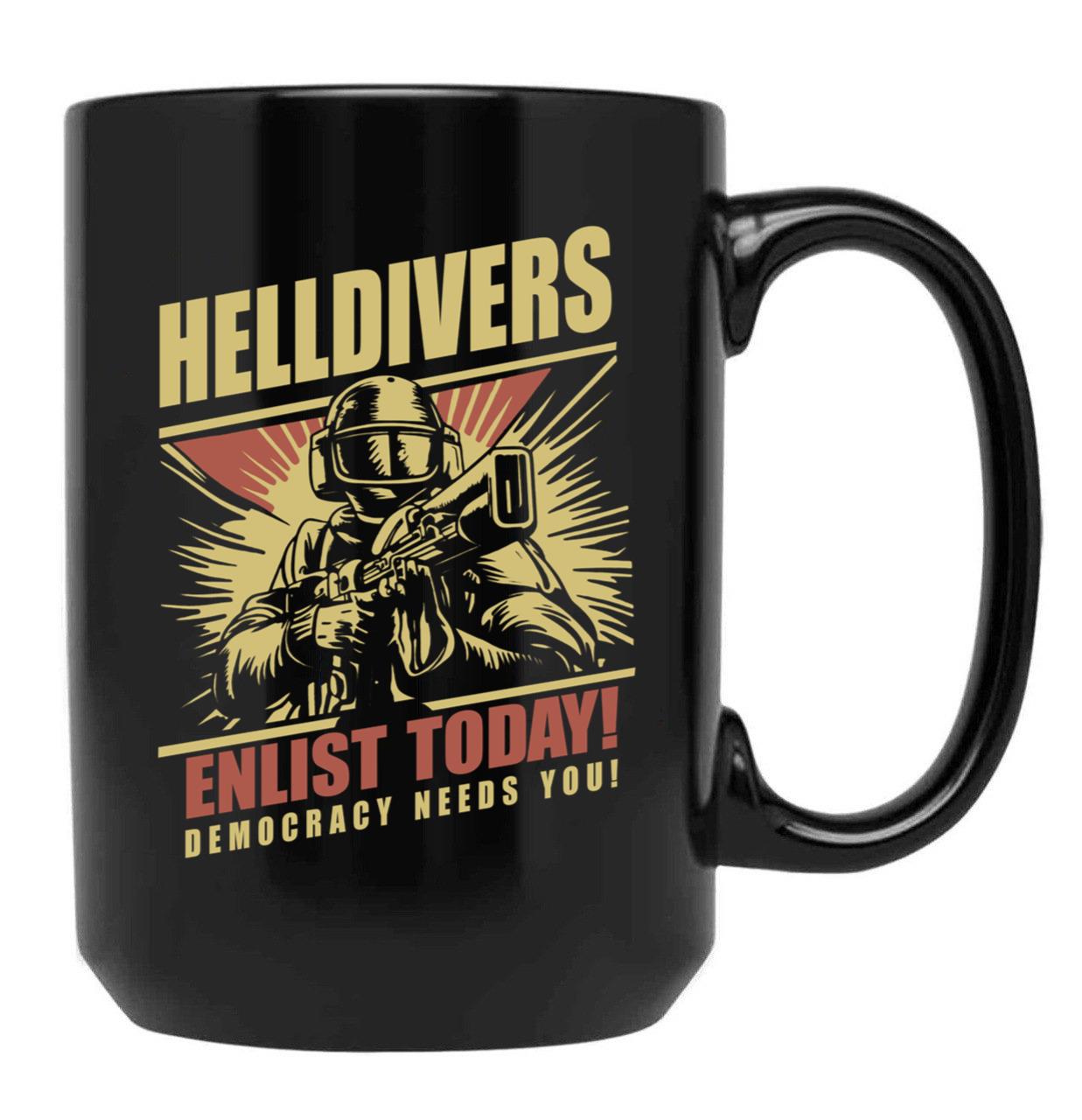 Helldivers 2 Enlistment Tee - Join The Fight for Democracy Black Coffee Mug, Gift Coffee Mug