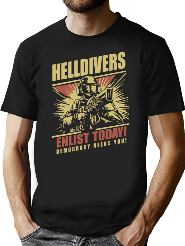Helldivers 2 Enlistment Tee - Join The Fight for Democracy Premium Heavyweight Cotton T-Shirt - Black