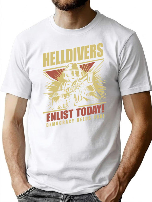 Helldivers 2 Enlistment Tee - Join The Fight for Democracy Premium Heavyweight Cotton T-Shirt - White