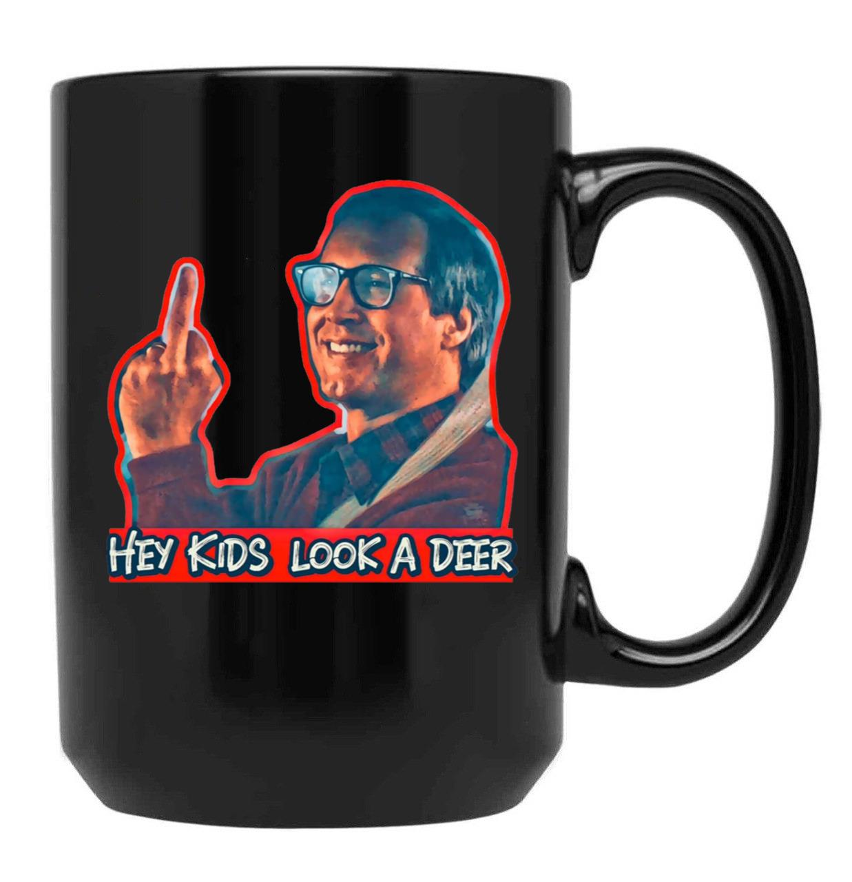 Hey Kids Look A Deer Christmas Vacation Black Coffee Mug, Gift Coffee Mug