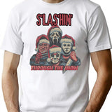 Horror Guys Christmas Shirt Slashin Through The Snow Christmas Sweatshirt Horror Movie Character Holiday Hoodie Funny Santa Christmas Tee T-Shirt for Men & Women, T-Shirts Graphic Tee - White