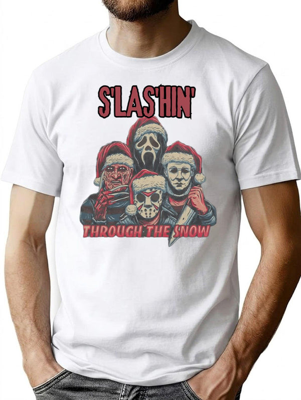 Horror Guys Christmas Shirt Slashin Through The Snow Christmas Sweatshirt Horror Movie Character Holiday Hoodie Funny Santa Christmas Tee T-Shirt for Men & Women, T-Shirts Graphic Tee - White
