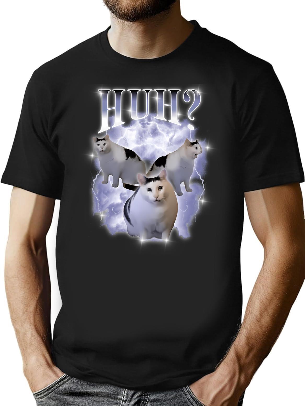Huh Cat Chonky Ben Meme 90S Bootleg Vintage T-Shirt for Men & Women, T-Shirts Graphic Tee - Black