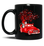 Husky Riding Red Truck Valentine Butterfly Heart Tree Black Coffee Mug, Gift Coffee Mug