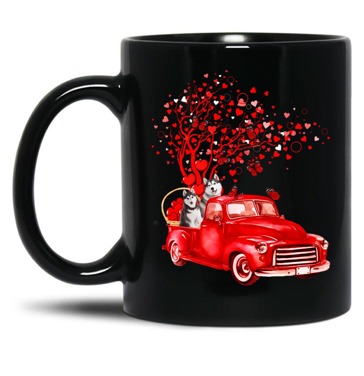 Husky Riding Red Truck Valentine Butterfly Heart Tree Black Coffee Mug, Gift Coffee Mug