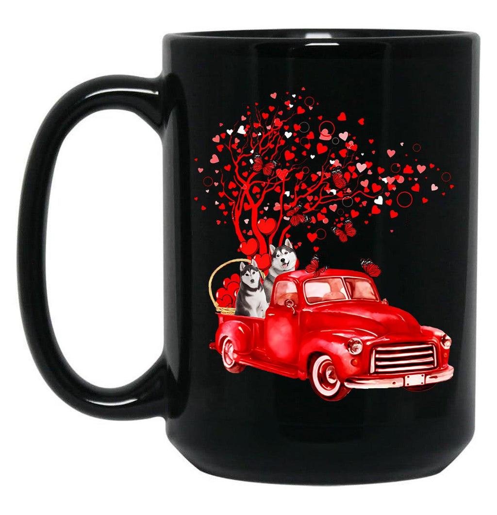 Husky Riding Red Truck Valentine Butterfly Heart Tree Black Coffee Mug, Gift Coffee Mug