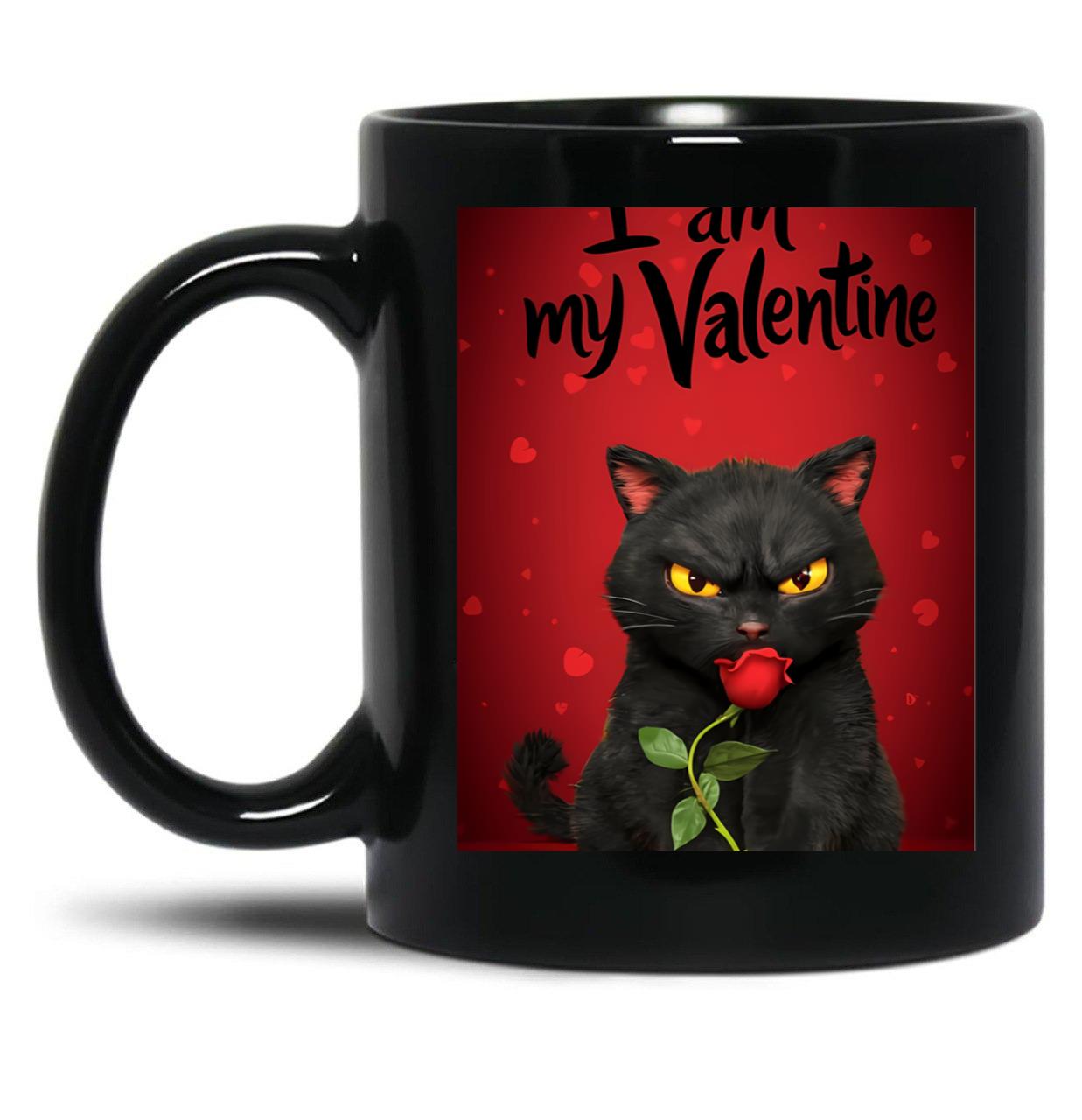I Am My Valentine Black Cat Black Coffee Mug, Gift Coffee Mug