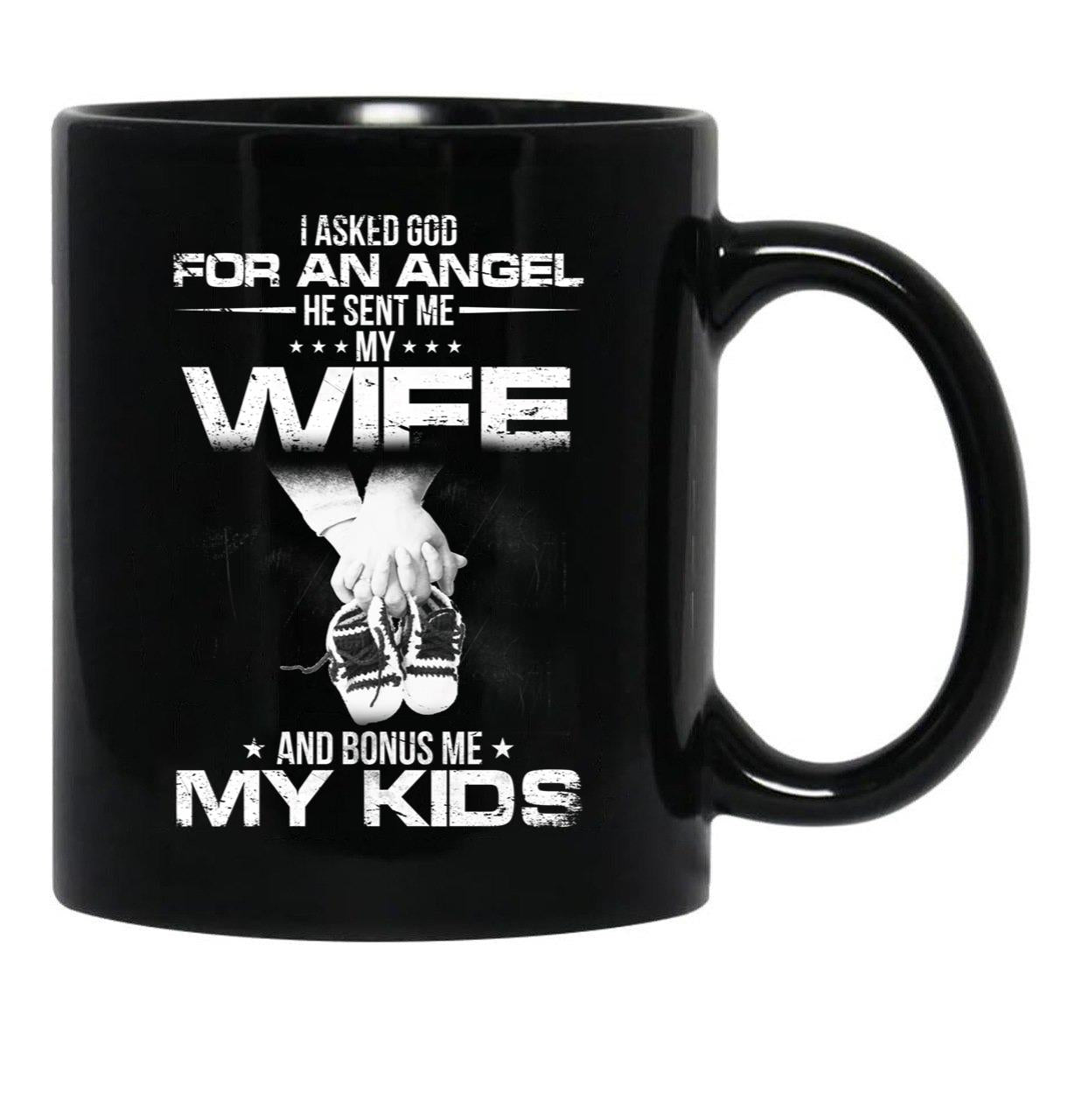 I Asked God For A Hero He Sent Me My Wife And Bonus Me My Kids Black Coffee Mug, Gift Coffee Mug - Black