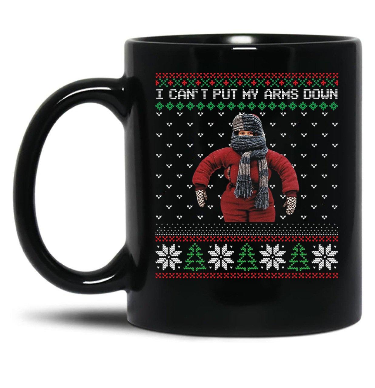 I Cant Put My Arms Down Ugly Christmas Black Coffee Mug, Gift Coffee Mug