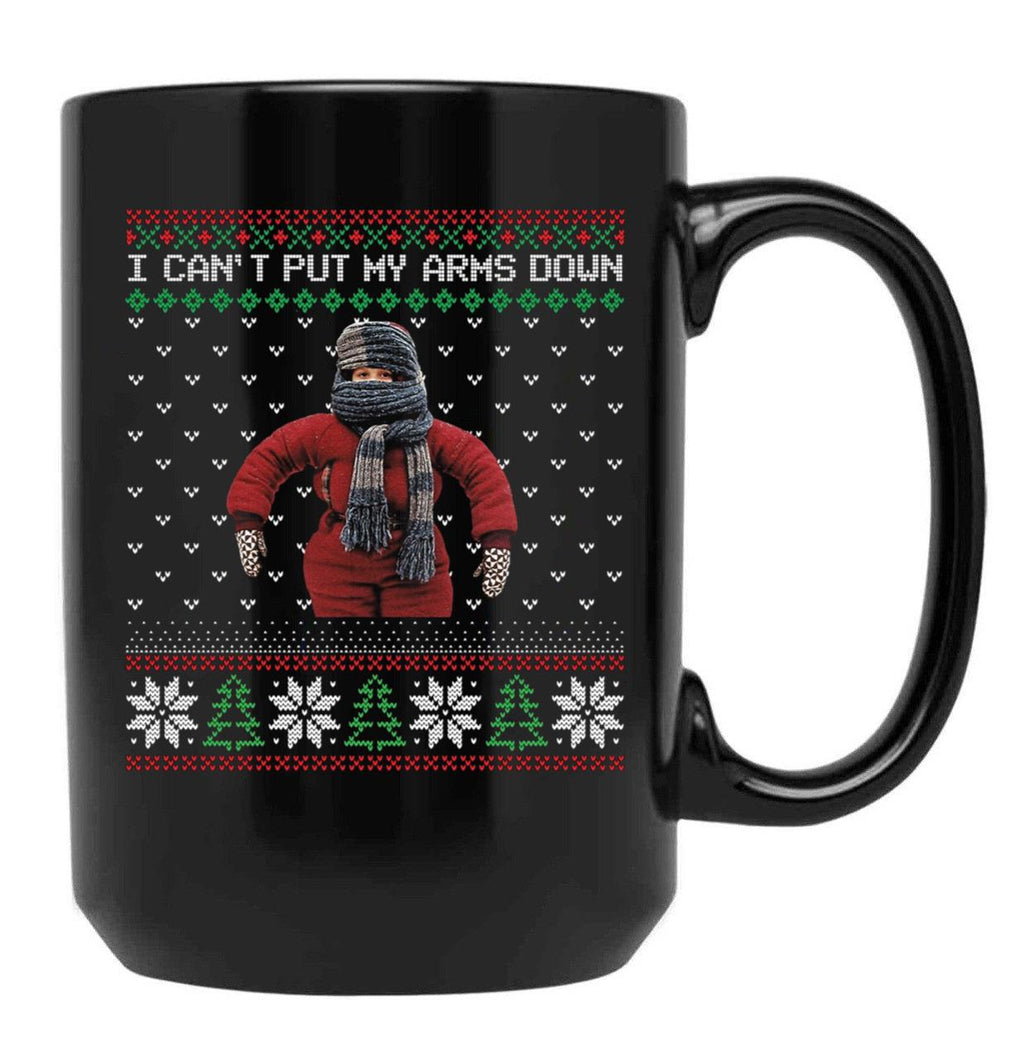 I Cant Put My Arms Down Ugly Christmas Black Coffee Mug, Gift Coffee Mug