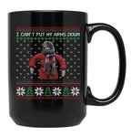 I Cant Put My Arms Down Ugly Christmas Black Coffee Mug, Gift Coffee Mug