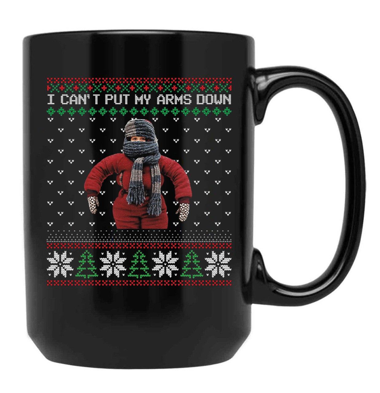 I Cant Put My Arms Down Ugly Christmas Black Coffee Mug, Gift Coffee Mug