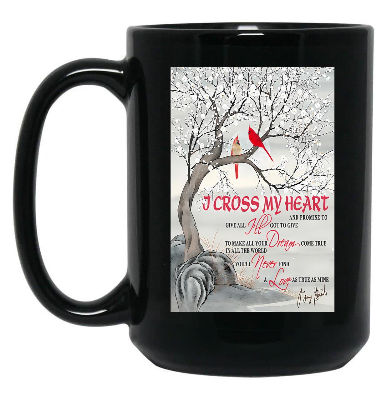 I Cross My Heart Couple Cardinal Bird Winter Christmas Gift Black Coffee Mug, Gift Coffee Mug