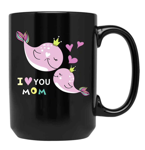 I Love You Mom - Cute Dolphin Mother'S Day Black Coffee Mug - Black