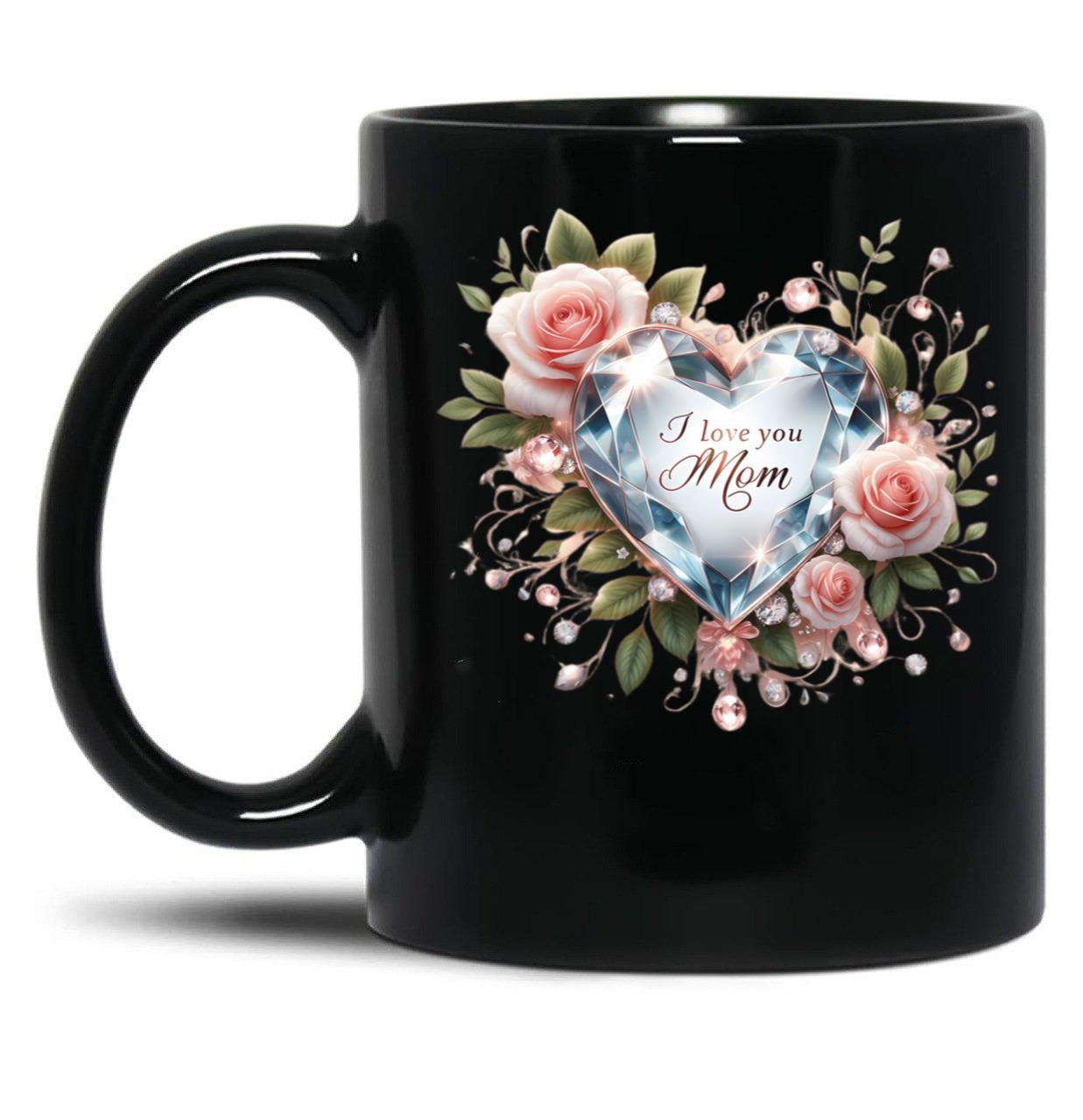 I Love You Mom Elegant Diamond Heart Roses Design Black Coffee Mug