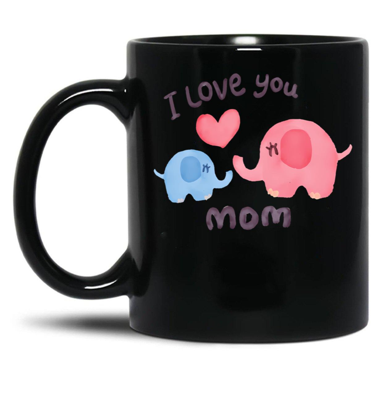I Love You Mom Watercolor Elephants Black Coffee Mug