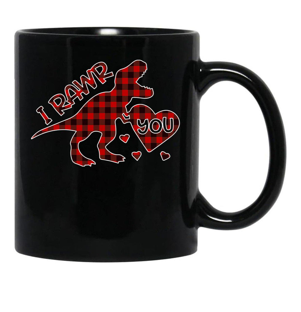 I Rawr You Valentine T-Rex Love You Buffalo Plaid Black Coffee Mug - Black