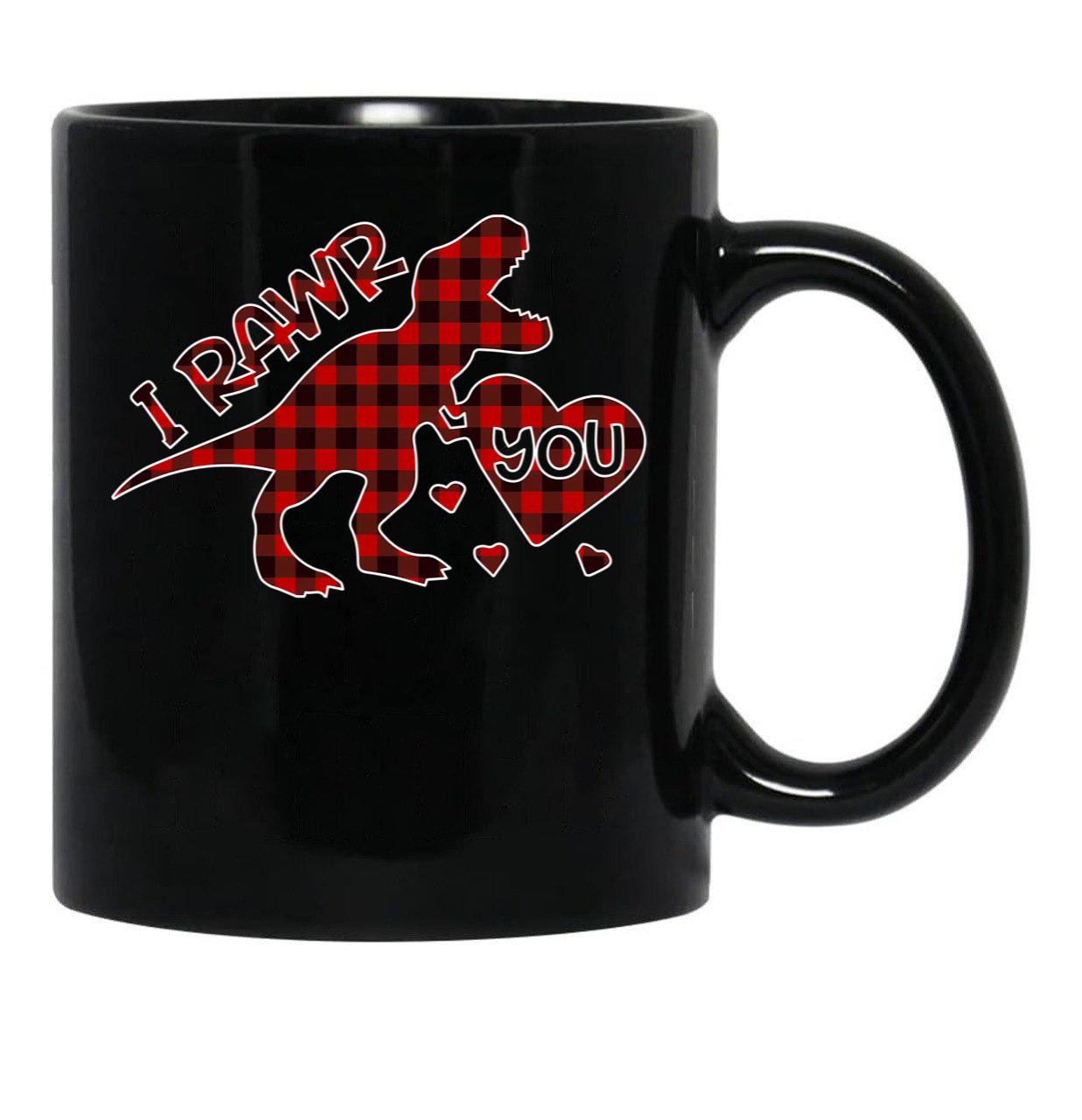 I Rawr You Valentine T-Rex Love You Buffalo Plaid Black Coffee Mug - Black