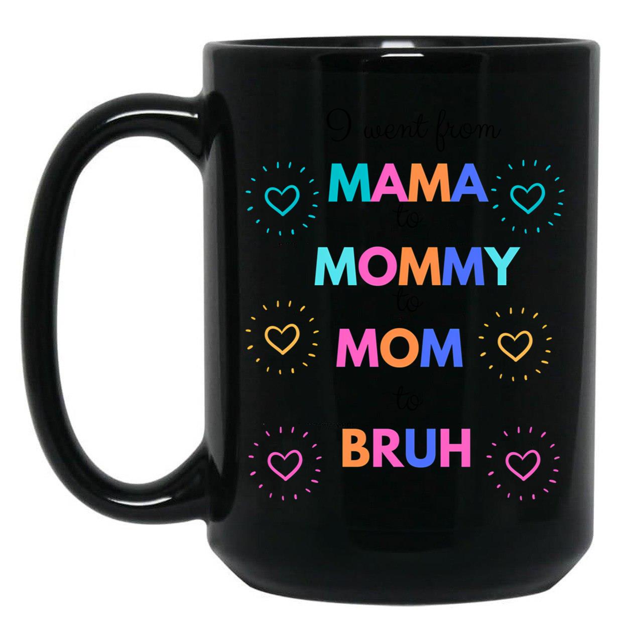 I Went From Mama To Mommy To Mom To Bruh (29) Black Coffee Mug