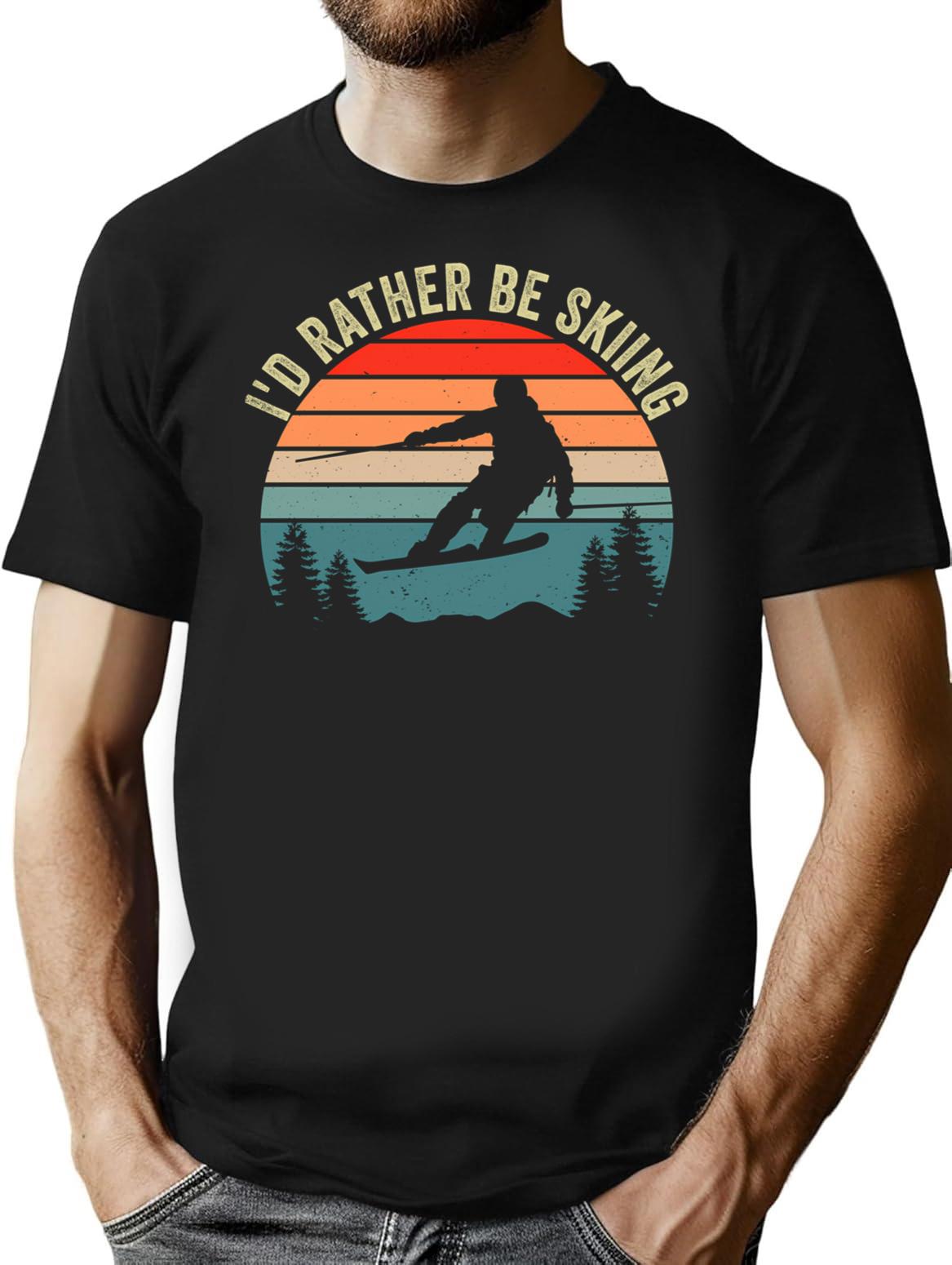 I'D Rather Be Skiing Retro Vintage Ski Funny Skier T-Shirt for Men & Women, T-Shirts Graphic Tee - Black