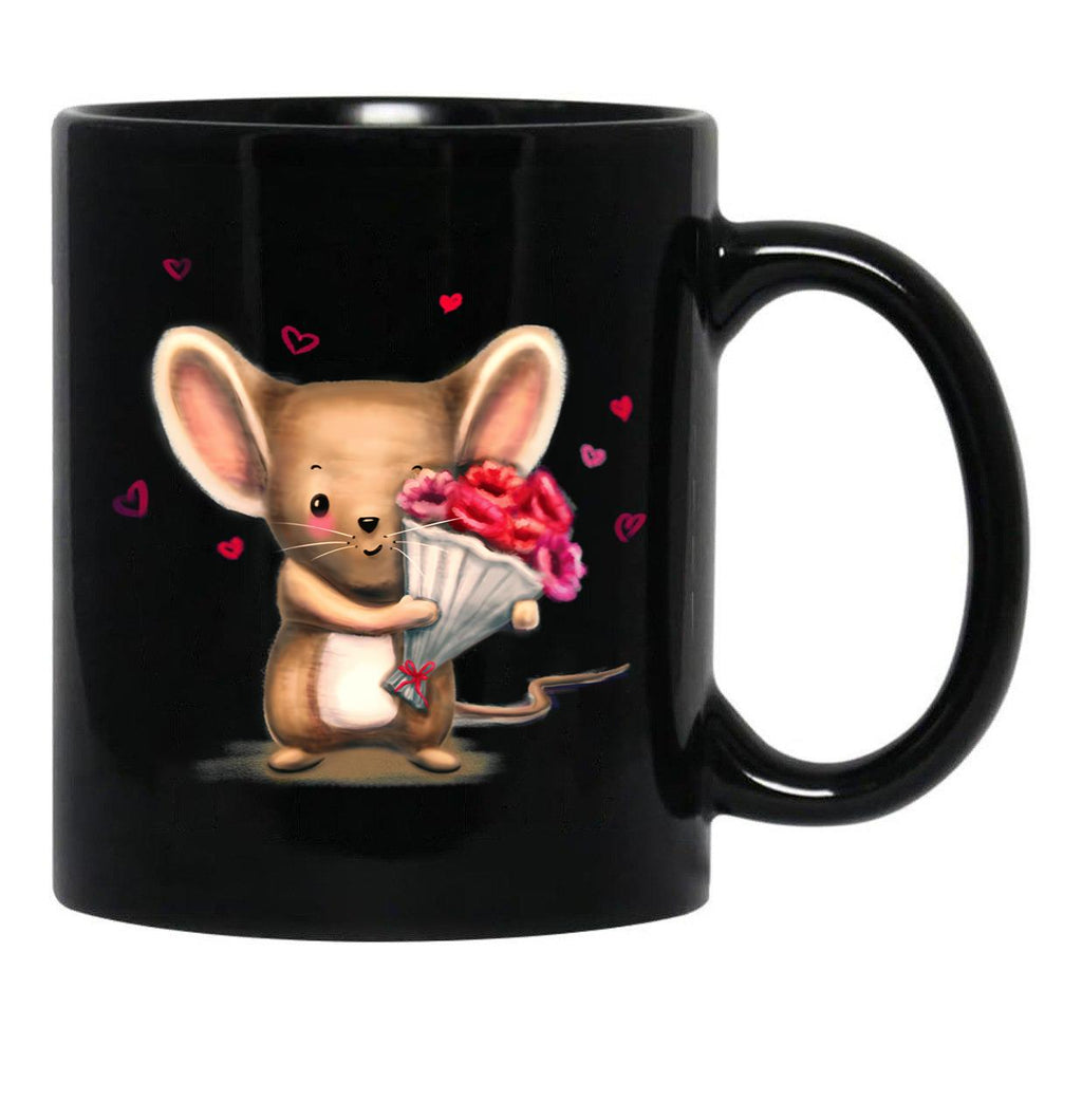 Illustration Of Cute Mouse With A Flower Bouquet Black Coffee Mug - Black