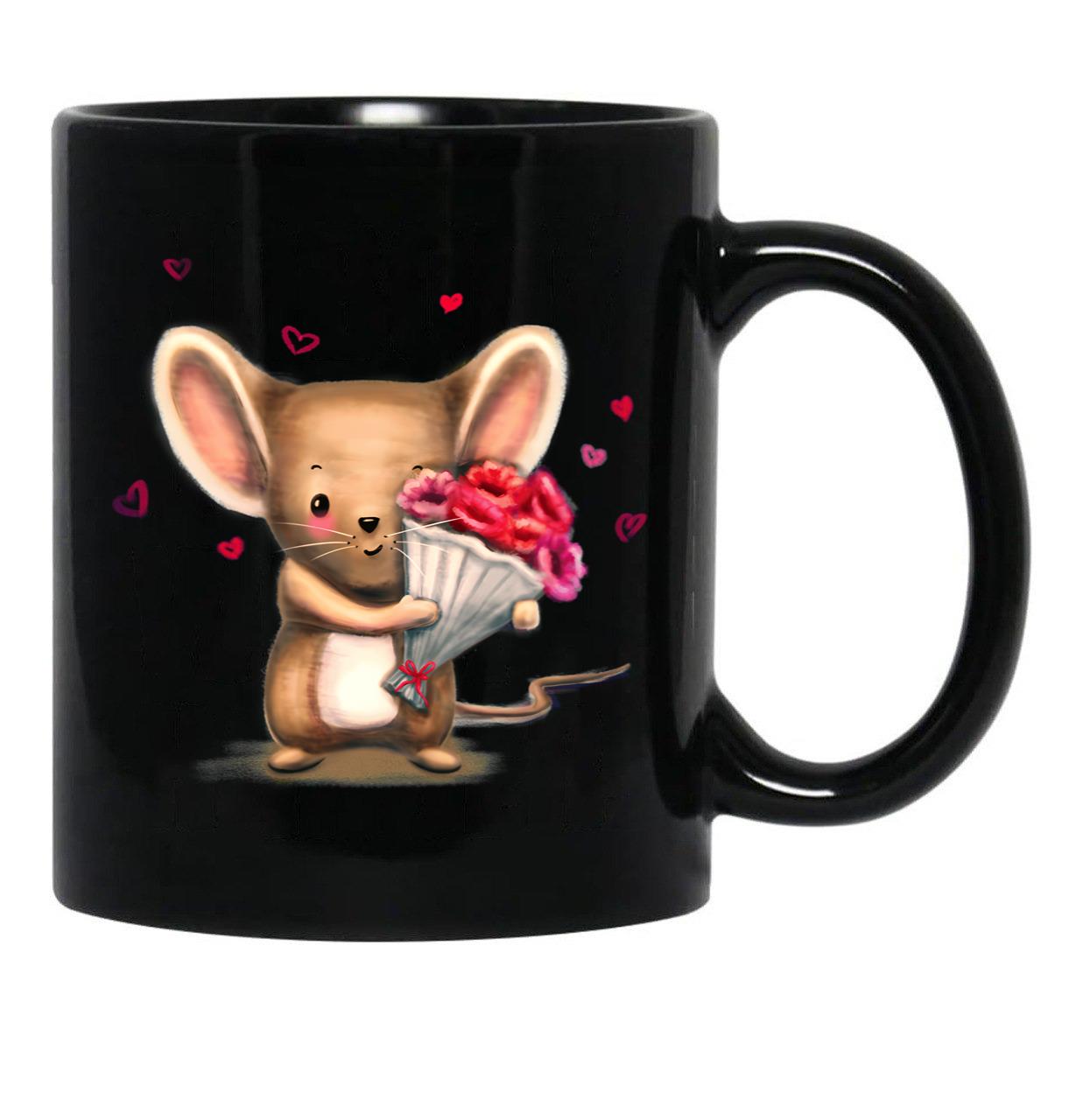 Illustration Of Cute Mouse With A Flower Bouquet Black Coffee Mug - Black