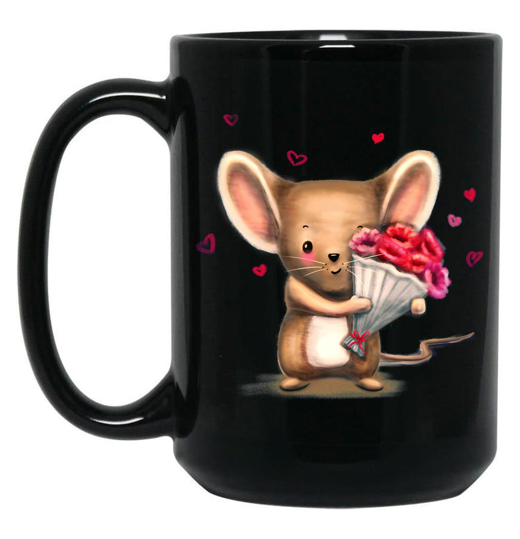 Illustration Of Cute Mouse With A Flower Bouquet Black Coffee Mug