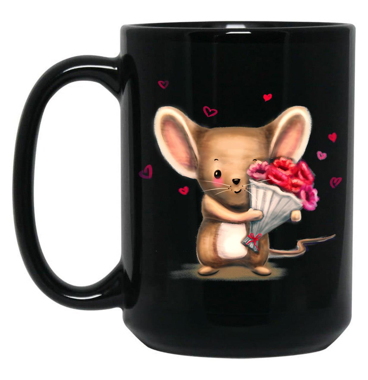 Illustration Of Cute Mouse With A Flower Bouquet Black Coffee Mug