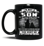 Im Not A Perfect Son But My Crazy Mom Loves Me On Back Black Coffee Mug
