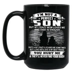 Im Not A Perfect Son But My Crazy Mom Loves Me On Back Black Coffee Mug