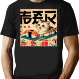 Japanese Vintage Poster 1950S Retro Sushi Cat T-Shirt for Men & Women, T-Shirts Graphic Tee - Black