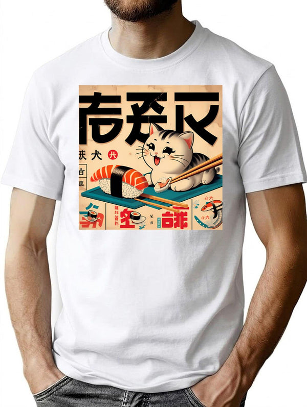 Japanese Vintage Poster 1950S Retro Sushi Cat T-Shirt for Men & Women, T-Shirts Graphic Tee - White