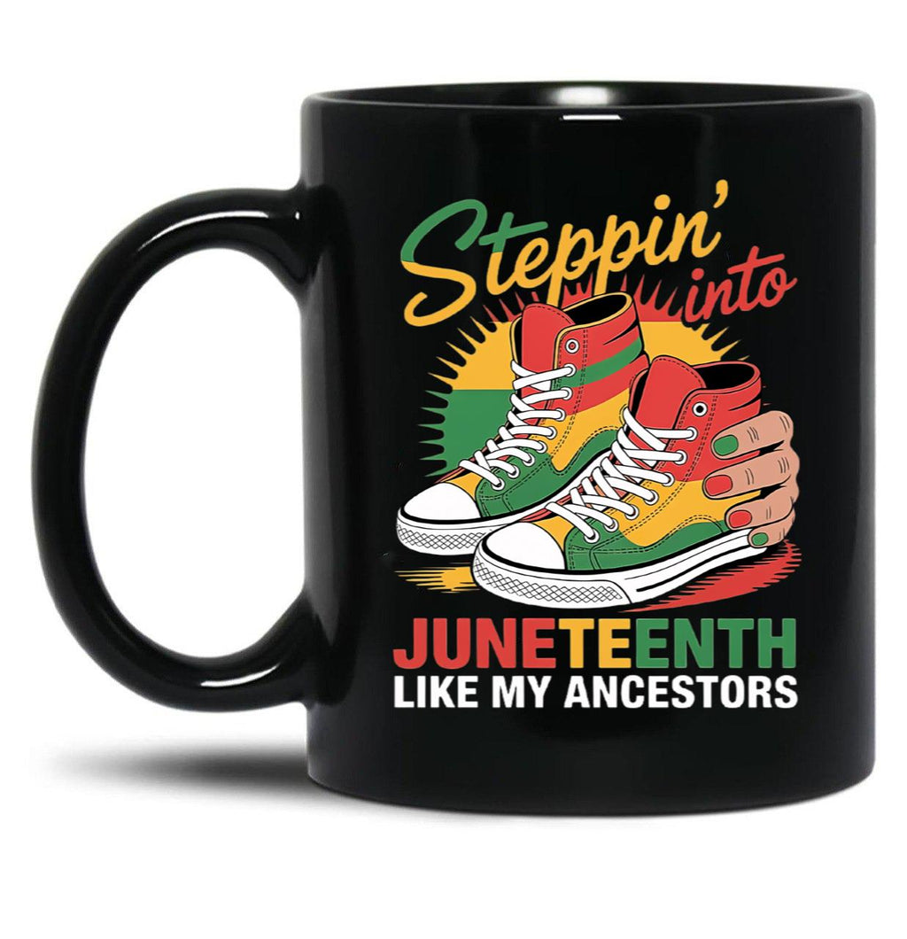 Juneteenth Pride Design - Steppin Into Freedom Like My Ancestors Black Coffee Mug