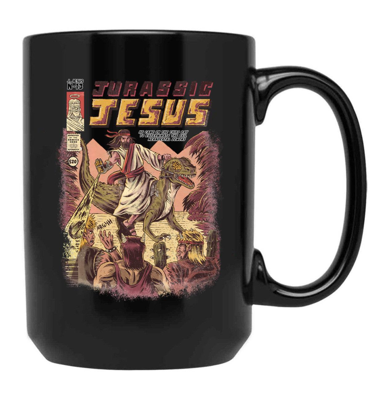 Jurassic Jesus Black Coffee Mug, Gift Coffee Mug