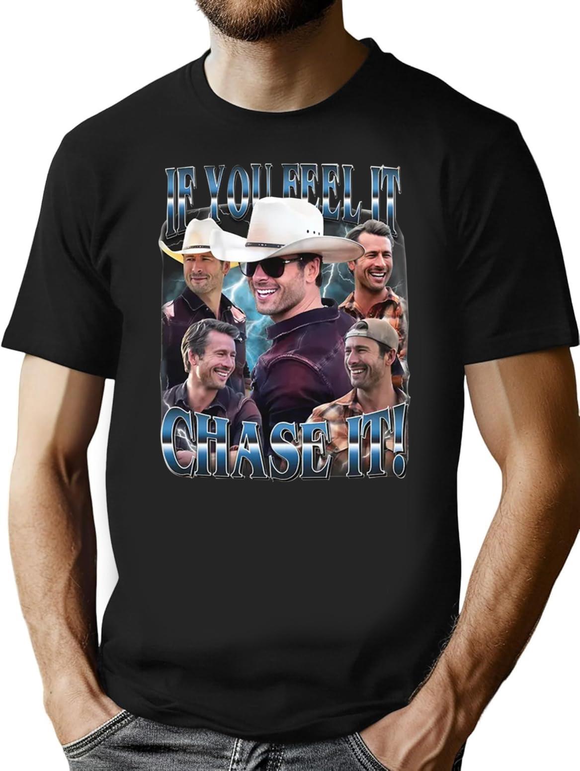 Limited If You Feel it Chase It Glen Powell Vintage Shirt Gift for Woman and Man Premium Heavyweight Cotton T-Shirt - Black