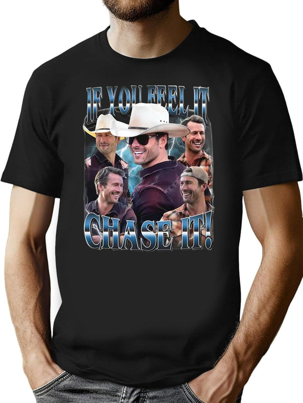 Limited If You Feel it Chase It Glen Powell Vintage Shirt Gift for Woman and Man Premium Heavyweight Cotton T-Shirt - Black