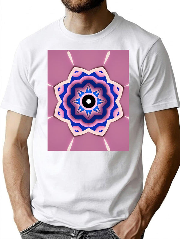 Mandala Blue Ornamental Pattern On Pink Background. Vector Illustration Pattern Seamless Vector Design Wallpaper Texture Ornament Decoration Art Illustration Tile Flower Geometric T-Shirt for Men & Women, T-Shirts Graphic Tee - White