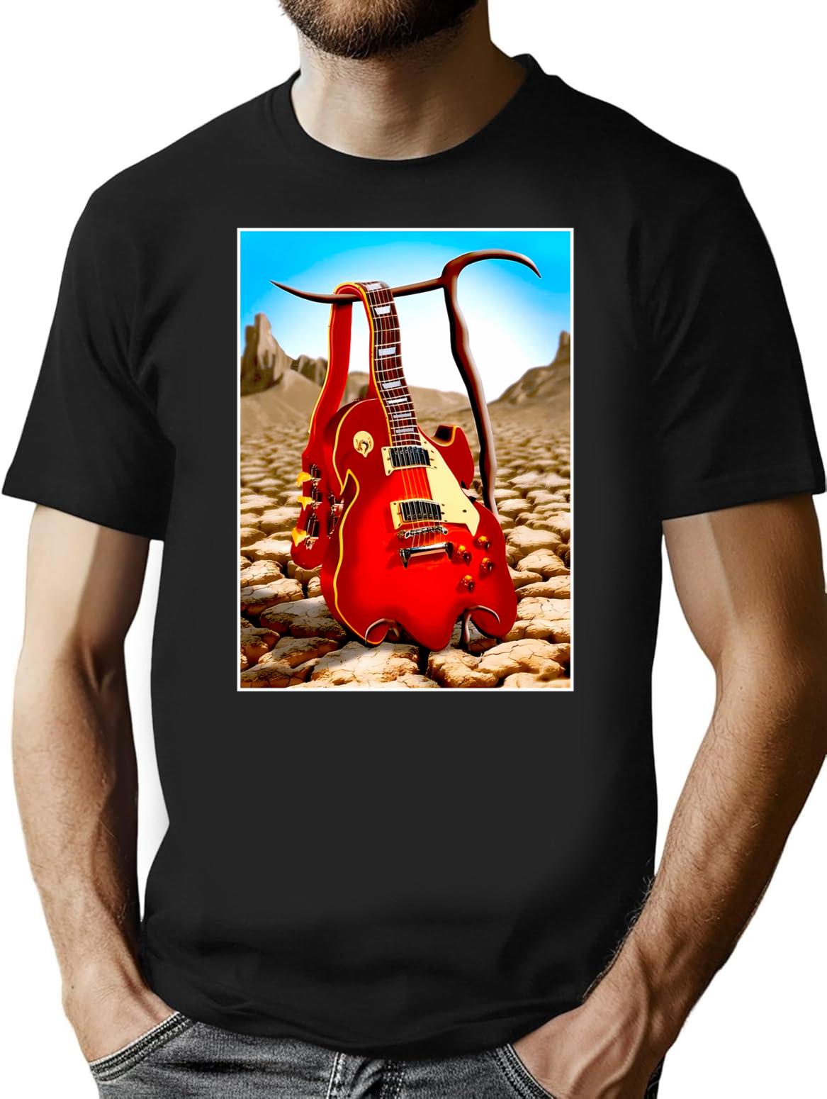 Melted Guitar Vintage Abstract Desert Print T-Shirt for Men & Women, T-Shirts Graphic Tee - Black