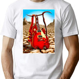 Melted Guitar Vintage Abstract Desert Print T-Shirt for Men & Women, T-Shirts Graphic Tee - White